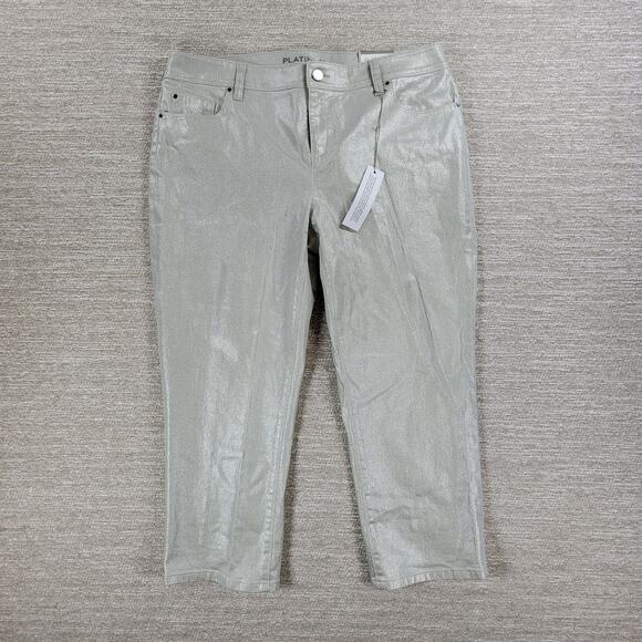 Chicos Platinum Girlfriend Coated Jeans Womens 10/M Silver Metallic Glitter New - Picture 1 of 10